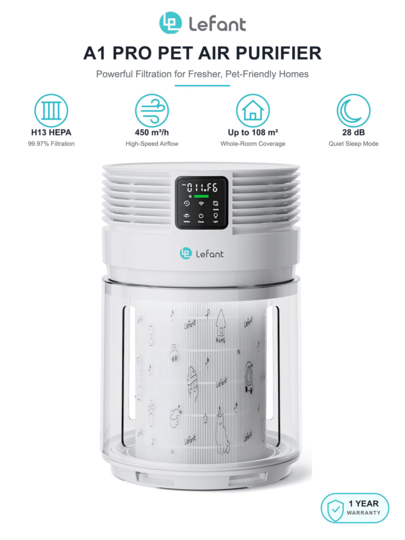 Lefant A1 Pro Air Purifier for Home and Pets, H13 HEPA Filter, 450 m³/h Airflow, Up to 108 m² Coverage, 360° Rotating Intake, PM2.5 Display, 28 dB Sleep Mode, White