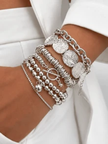 7/6/1pc Punk Street Hip Hop Minimalist Bold Personalized Geometric Pattern Chain Bracelet Set For Women, Vacation, Party, Date, Travel, Shopping, Beach, Banquet, Wedding, Daily Wear, Versatile Combination, New Arrival, Hot In Autumn/Winter - Silver - View 2