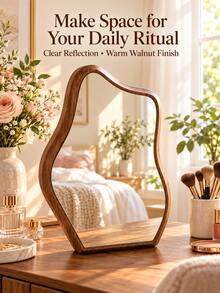 1pc Walnut Color Asymmetrical Desktop Vanity Mirror, Clear Imaging, Wavy Wood Grain Frame, Elegant Bedroom And Dressing Table Decor, Christmas, Birthday And Housewarming Gift - Multicolor - View 2