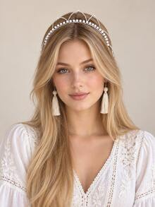 Wedding Bridal Gold Pearl Long Chain Fringe Headband Dangling Tassel Elegant Bridesmaid Prom Formal Hair Accessories - Multicolor - View 4