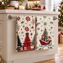 2pcs Vintage Christmas Sleigh & Christmas Tree Print Towels, Suitable For Kitchen, Bathroom, Toilet Holiday Decor, Winter Home Decoration, Christmas Gift Set - Multicolor - View 4