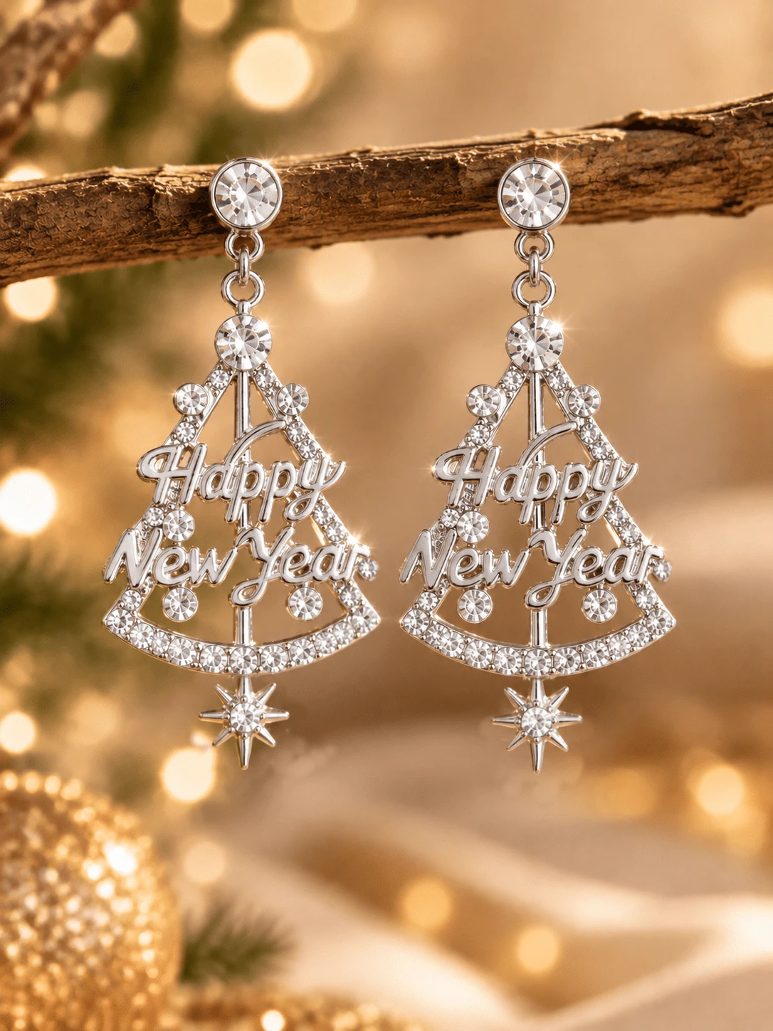 Silver Rhinestone Christmas Tree Pendant Earrings, Happy New Year Letter Pendant, Crystal Water Drop Exaggerated Jewelry, Women's Holiday Party Gift - Silver - View 1