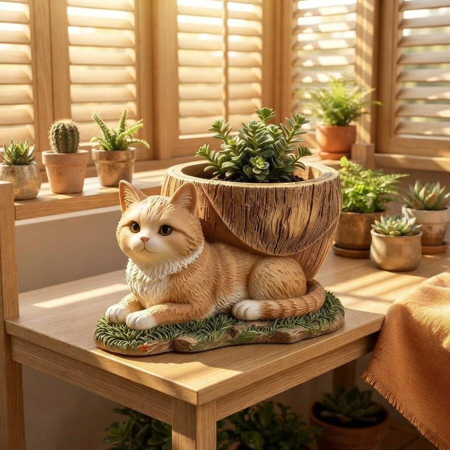 1pc Lucky Cat Planter, Garden Succulent Flower Pot, Decorative Planting Pot Ornament - A - View 1
