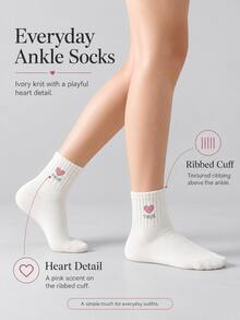 5 Pairs Pink Heart Rabbit Mid-Calf Socks For Women, Ribbed Cuff, Soft And Breathable, Versatile Cotton Socks For Girls And Students, Daily And Home Wear - Multicolor - View 7