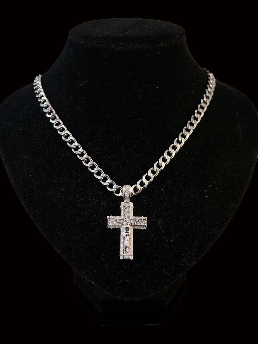 1pc European And American Hip Hop Style Jesus Cross Pendant Necklace, Copper Inlaid Zirconia, 7mm Stainless Steel Cuban Chain, Street Style Men's Versatile Accessory - Jesus Cross - View 1