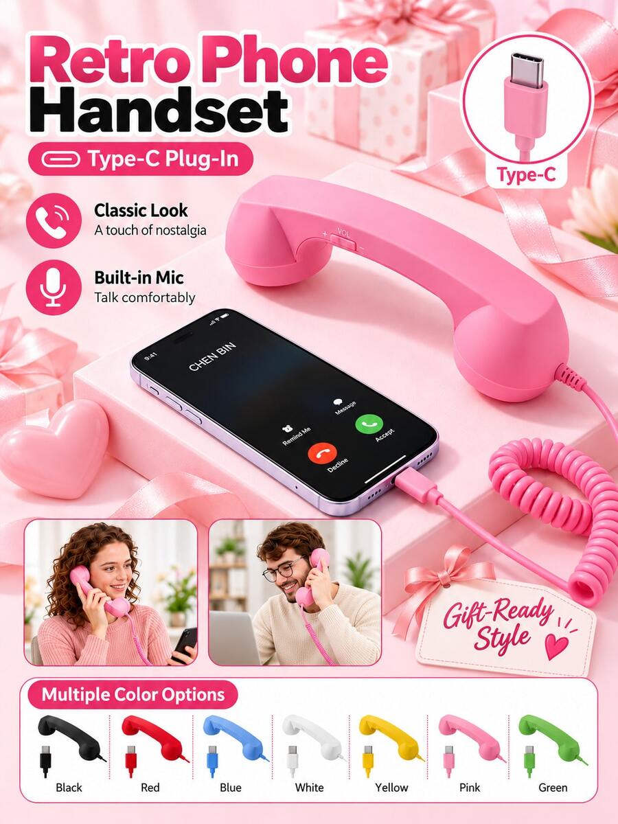 Type-C Retro Telephone Handset With Microphone, Wired Landline Style, Plug And Play Type-C Interface, Anti-Tangle Cable, Volume Control, Multi-Color Options, Suitable For Home And Office