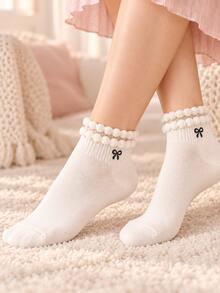 5 Pasang Kaos Kaki Pendek Wanita Motif Pita Manis, Manset Gelembung Warna Kontras Dua Baris, Kaos Kaki Kasual Rajut Aneka Warna, Cocok untuk Pemakaian Sehari-hari - MultiWarna - View 2