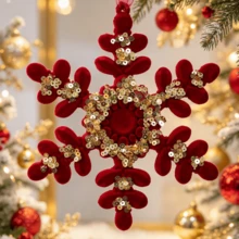 1pcRed Flocked Christmas Hanging Ornaments, Sequin Embellished Xmas Tree Pendant Set, Holiday Indoor Festive Home Wall & Tree Decoration - Multicolor - View 4
