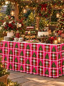 1pc Christmas Rose Red Printed Table Skirt, Christmas Tree & Red-Green Plaid Patchwork Pattern, White Pearl Chain Border Print, Pleated Design, Suitable For Rectangular Dining Table, Buffet Table And Christmas Home Party Decoration - A - View 8