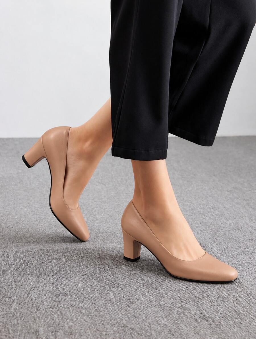 Zapatos de Tacón para Mujer Elegantes, Estilo Clásico, Punta Redondeada y Tacón Ancho para Oficina, Fiesta y Uso Diario. Mejora tu estilo - Albaricoque - Ver 1