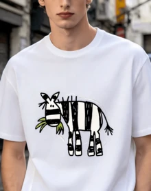 Hand-Painted Zebra, Creative Pattern Crewneck T-Shirt, Pure Summer  Fashion Short Sleeve, Casual Daily Style Top - White - View 1