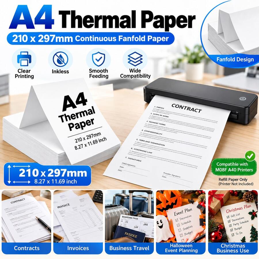 A4 Thermal Paper 210x297mm, Continuous Fanfold Refill Paper Compatible With M08F A40 Printers, Christmas Business Travel, Halloween Event Planning, Mobile Office Documents, Contract Invoices, Compatible Refill Paper Only - View 1