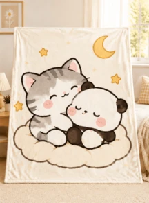 > Adorable Cat Panda Sleeping Cloud Stars Fleece Throw Blanket Warm Soft Cozy Decorative - White - View 5