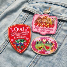 3 Pcs Party Girls & Frog Oeteldonk Carnival Iron‑On Embroidery Patches, Heart Funny Slogan Design Applique Badge, DIY Ornament For Jacket Backpack Dutch Carnival Party Decoration - Multicolor - View 6