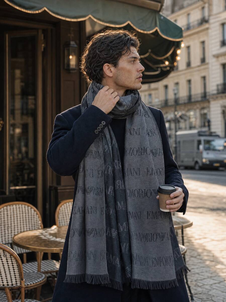 Emporio Armani Unisex Tassel Scarf With Allover Logo Print EM004238 AF21541 FB018 - Navy Blue EM004238 AF21541 FB018 - View 1