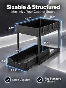 Minimalist Double-Layer Pull-Out Storage Rack, Kitchen Sink Bathroom No-Drill Organizer, Drawer Style, 4 Detachable Hooks, Raised Edges, Bottom Hollow Drainage Holes, Recessed Handles, Suitable For Kitchen Sink, Bathroom Vanity, Office Desk, Rental Apartment Dormitory And Other Home Scenes, Space-Saving And Convenient Access, Home Daily, Christmas, Holiday Pull-Out Storage Rack - Multicolor - View 9