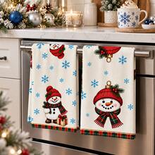 2pcs Cream And Red Snowman Christmas Kitchen Towels With Snowflake Pattern, Plaid Border And Snowman Decorative Print, Suitable For Kitchen, Bathroom, Toilet, Holiday Kitchen Decor, Winter Home Decoration, Christmas Gift Set - Multicolor - View 3