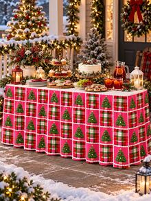 1pc Christmas Rose Red Printed Table Skirt, Christmas Tree & Red-Green Plaid Patchwork Pattern, White Pearl Chain Border Print, Pleated Design, Suitable For Rectangular Dining Table, Buffet Table And Christmas Home Party Decoration - A - View 2