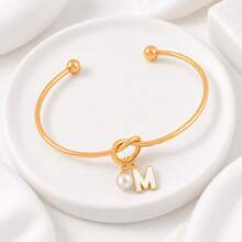 1pc New Classic Initial Pendant Knotted Heart Adjustable Open Bracelets For Women - Yellow Gold - View 3