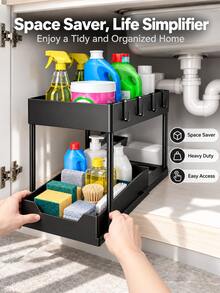 Minimalist Double-Layer Pull-Out Storage Rack, Kitchen Sink Bathroom No-Drill Organizer, Drawer Style, 4 Detachable Hooks, Raised Edges, Bottom Hollow Drainage Holes, Recessed Handles, Suitable For Kitchen Sink, Bathroom Vanity, Office Desk, Rental Apartment Dormitory And Other Home Scenes, Space-Saving And Convenient Access, Home Daily, Christmas, Holiday Pull-Out Storage Rack - Multicolor - View 5