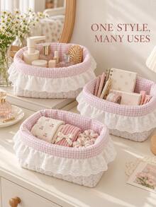 New Polka Dot Ruffle Storage Basket, Cute Sweet Girl Style Desktop Organizer, Small Handmade Snack/Miscellaneous Storage Basket, Children's Desk Organizer, Baby Diaper And Bottle Storage Basket - Multicolor - View 1