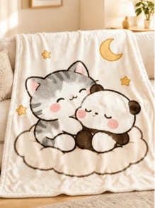 > Adorable Cat Panda Sleeping Cloud Stars Fleece Throw Blanket Warm Soft Cozy Decorative - White - View 10