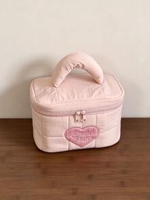 Soft Puffy Quilted Heart Embroidered Makeup Bag, Portable Travel Toiletry Bag With Handle - Pink - View 6