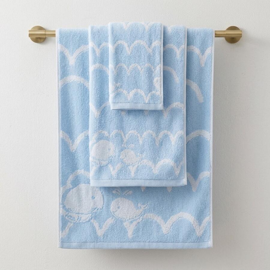 2-3pcs/Set 100% Pure Cotton Cartoon Whale Towel Set, Cute, Highly Absorbent, Soft, Home/Bathroom/Travel - Baby Blue - View 1
