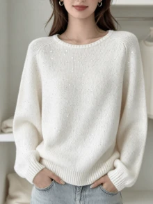 Korean Style New Round Neck Knit Pullover Sweater With Scattered Fine Glitter Sequin Embellishments, Long Sleeve Loose Minimalist Versatile Top For Women - Beige - View 8