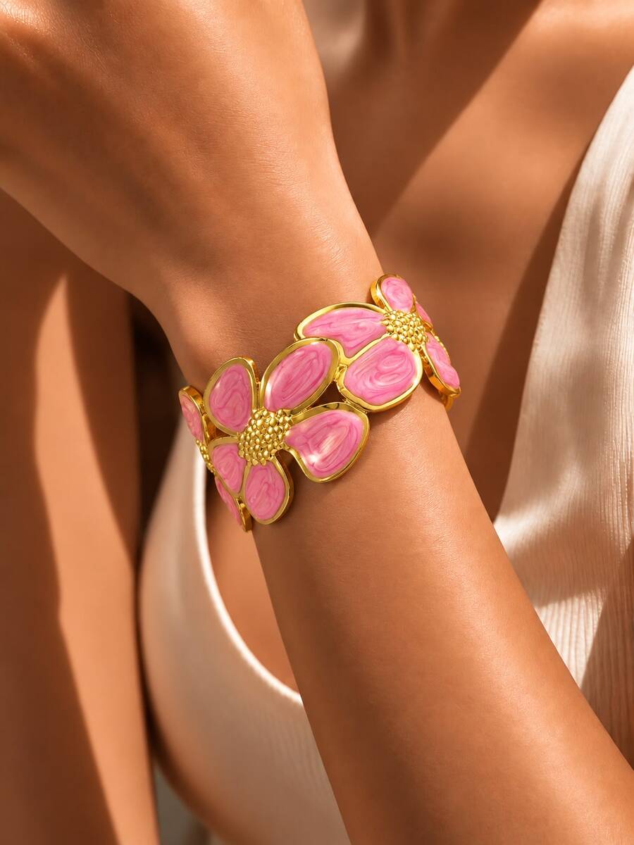 VceTd 1pc Fashionable Sweet Vacation Style Multi-Color Drip Oil Enamel Flower Stamen Design Women's Bracelet For Daily Wear/Holiday Gift