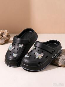 Women's Black EVA Clogs With Iridescent Butterfly DIY Charms, Adjustable Heel Strap Breathable Sandals, Casual Comfortable Versatile Slip-On Slides, Suitable For Summer Beach Garden Indoor Outdoor - Black - View 2