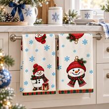 2pcs Cream And Red Snowman Christmas Kitchen Towels With Snowflake Pattern, Plaid Border And Snowman Decorative Print, Suitable For Kitchen, Bathroom, Toilet, Holiday Kitchen Decor, Winter Home Decoration, Christmas Gift Set - Multicolor - View 4