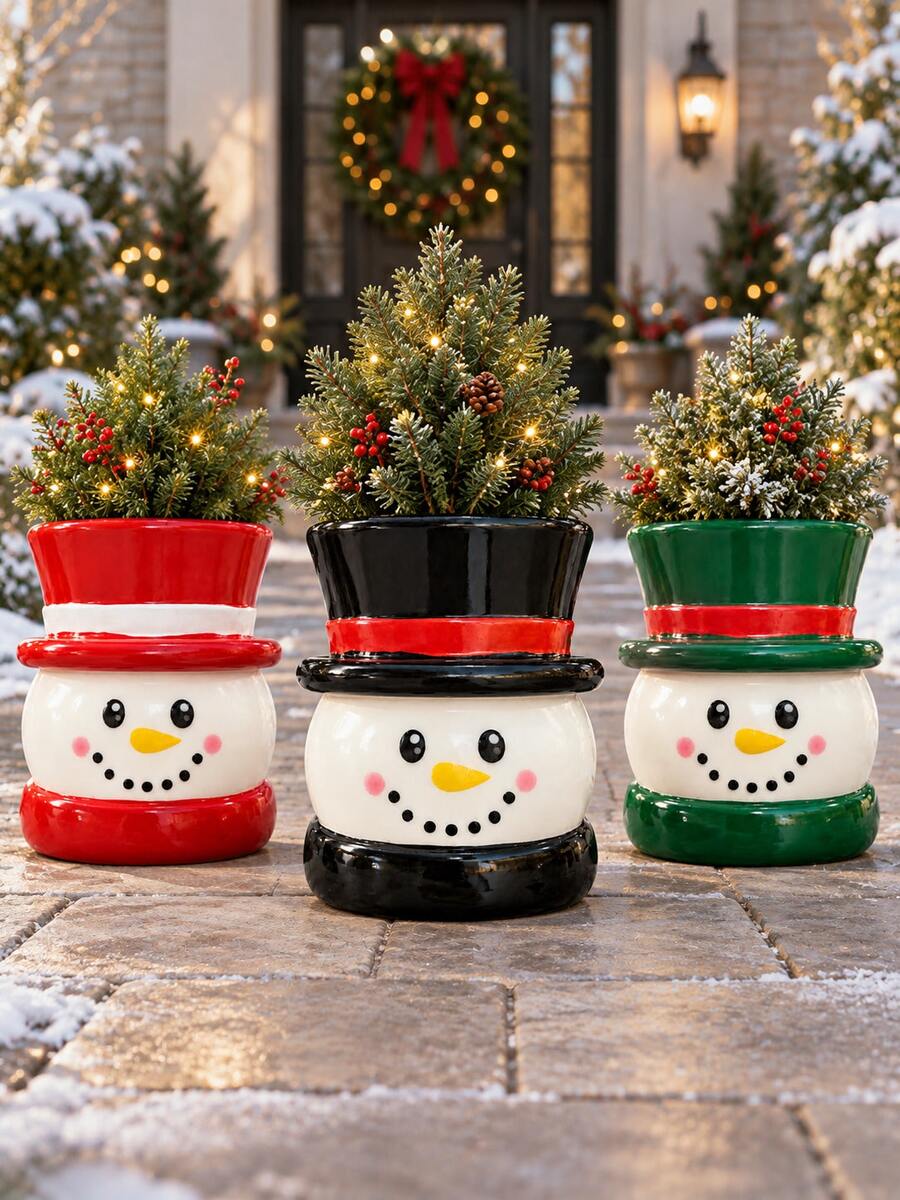 1pc Ceramic Christmas Snowman Planter, Smiling Face Flower Pot With Top Hat Design, Festive Porch And Entryway Decor For Small Plants, Available In Red, Black Or Green - A - View 1