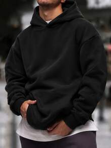 Krometka Men's All-Match Hoodie Sweatshirt, Simple Casual Loose Fit Pullover Top, Versatile Everyday Hoodie - Black - View 2
