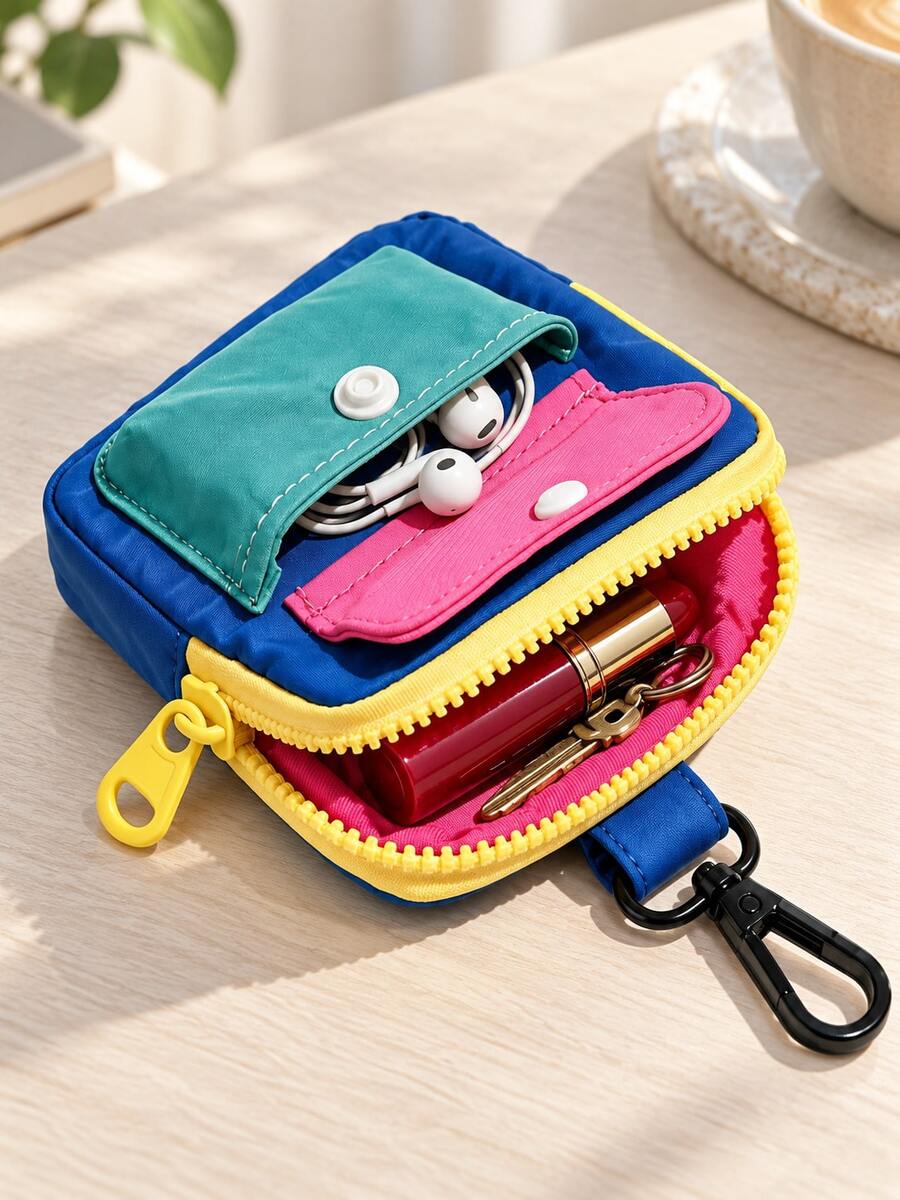 1pc Women's Coin Purse, Portable Compact Colorblock Small Card Holder, Mini Earphone Key Zipper Storage Bag, Dopamine Colorblock Mini Bag - Multicolor - View 1