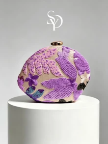 1件優雅花卉刺繡手拿包，女士優雅葉形金屬亮片晚宴包，適合派對與婚禮（隨機剪裁） - 紫色 - 查看 1