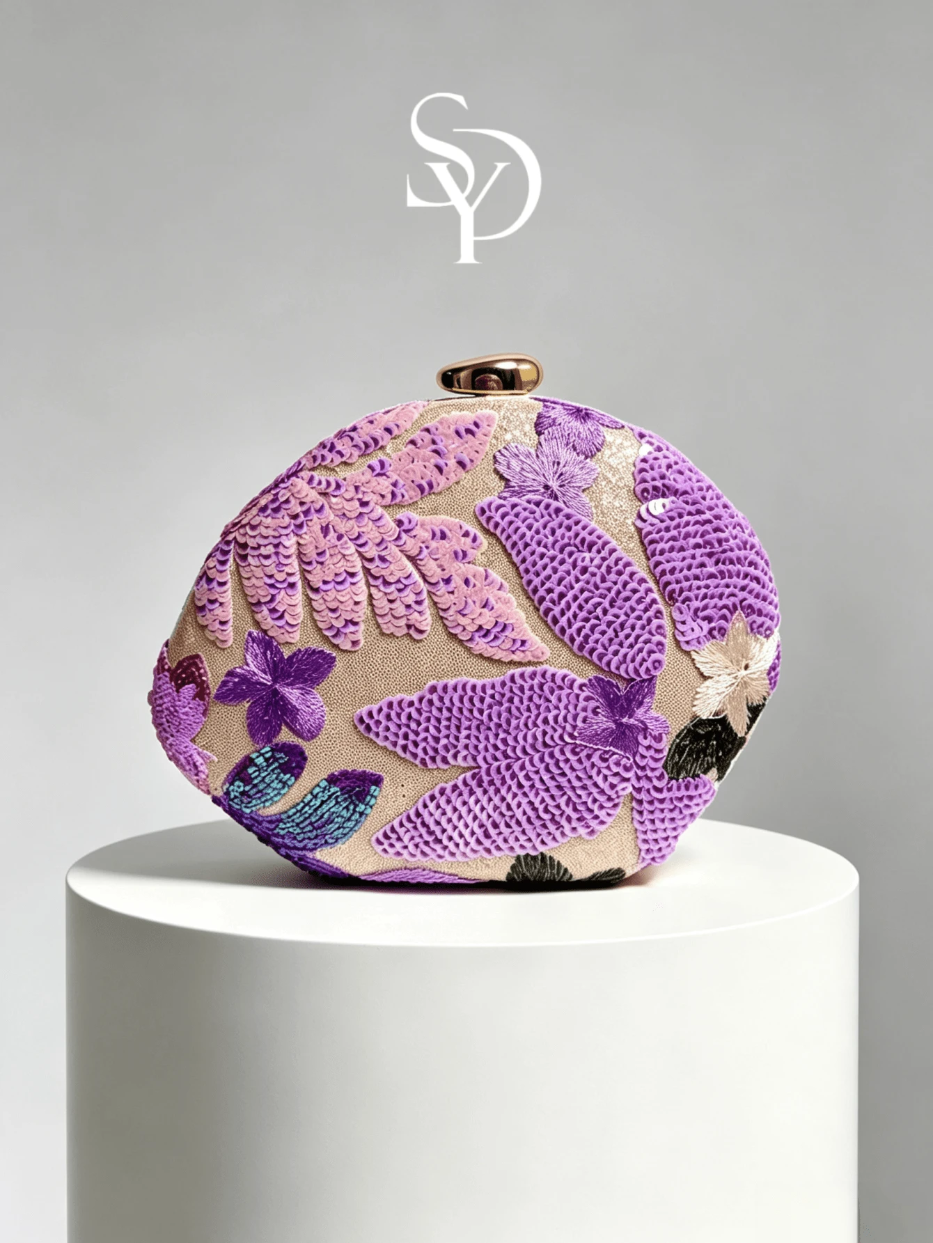 1件優雅花卉刺繡手拿包,女士優雅葉形金屬亮片晚宴包,適合派對與婚禮(隨機剪裁) - 紫色 - 查看 1