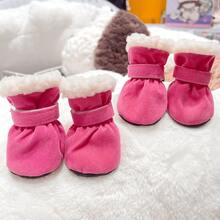 4pcs/Set Polyester Pet Dog Accessories, Adjustable Elastic Band Warm Plush Pet Dog Shoes, Suitable For Teddy Bear Dogs And Other Small Dogs Outdoor Wear (Not Suitable For Large Dogs) - Pink - View 6