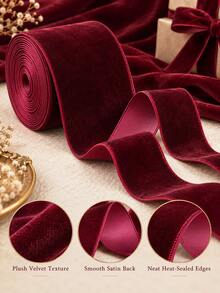 1 Roll Burgundy Plush Ribbon - Single-Sided Deep Wine Red Soft Plush Fabric Ribbon With Satin Backing, For Victorian Christmas Tree Bows, Holiday Gift Wrapping, Wreaths And Sewing Crafts - Flocked - View 5