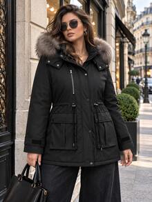 Women's Plus Size Button & Zipper Long Sleeve Hooded Parka Thick Jacket - Black - View 2