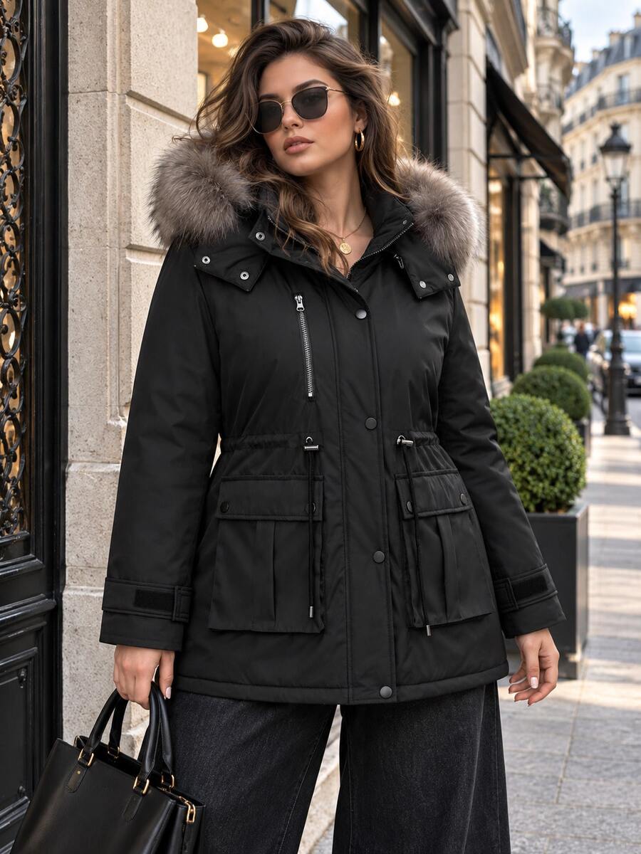 Women's Plus Size Button & Zipper Long Sleeve Hooded Parka Thick Jacket