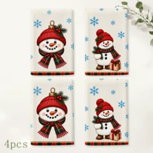 2pcs Cream And Red Snowman Christmas Kitchen Towels With Snowflake Pattern, Plaid Border And Snowman Decorative Print, Suitable For Kitchen, Bathroom, Toilet, Holiday Kitchen Decor, Winter Home Decoration, Christmas Gift Set - Multicolor - View 12