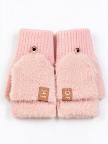 Women's Plush Flap Gloves, Sweet Style Button Design Convertible Fingerless Gloves, Ribbed Knit Cuffs With Lucky Bear Patch, Warm Hand Accessory For Autumn/Winter, Suitable For Daily Life, Study, Work And Outdoor Activities - Multicolor - View 15