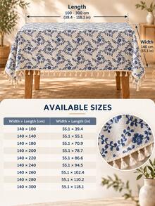 1pc Blue Floral Tassel Tablecloth, Linen Texture Country Style Dining Tablecloth, French Pastoral Home Decor Tablecloth - Blue - View 4