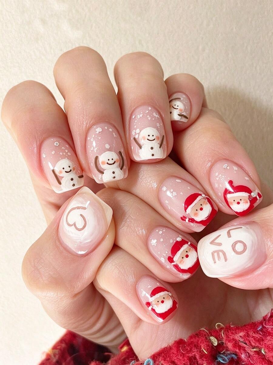 24pcs Winter/Christmas-Themed Press-On Nails Featuring Snowmen, Santa Claus, Snowflakes, And "LOVE" Lettering; Short Square Style. Suitable For Girls And Women For Christmas Parties And Winter Dates. - Multicolor - View 1