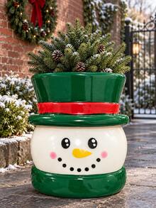 1pc Ceramic Christmas Snowman Planter, Smiling Face Flower Pot With Top Hat Design, Festive Porch And Entryway Decor For Small Plants, Available In Red, Black Or Green - A - View 4