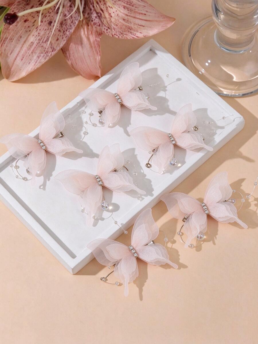 6pcs Fashion Elegant Mesh Tassel Butterfly Hair Clips, Suitable For Daily, Vacation, Home, Elegant Zinc Alloy Hair Clips For All Seasons - Purple - View 1