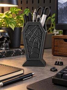 1pc Gothic Coffin Pen Holder, Spider Web Design, Black Desktop Stationery Storage Box, Suitable For Pens, Pencils And Markers, Halloween Office Desk Decor, Unique Home, School And Workspace Storage Cup - Gothic - View 4