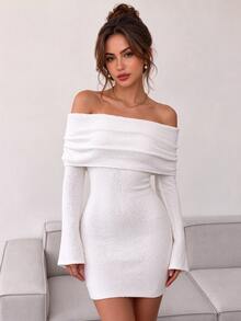 SUNSTORY Women's Autumn Fitted Off-Shoulder Short Knit Dress, Party Gathering Commute Wedding Guest Back To School Dance Christmas - Champagne - View 2