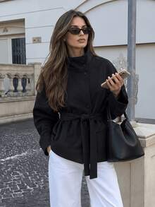 GDDYIN Women's Suede Belted Flare Collar Jacket, Front Button Closure, Long Sleeve Regular Length, Suitable For Autumn/Winter Wear - Black - View 5
